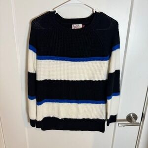 SO Juniors Striped Knit Sweater Black White Blue Long‎ Sleeve Crew Neck Size S